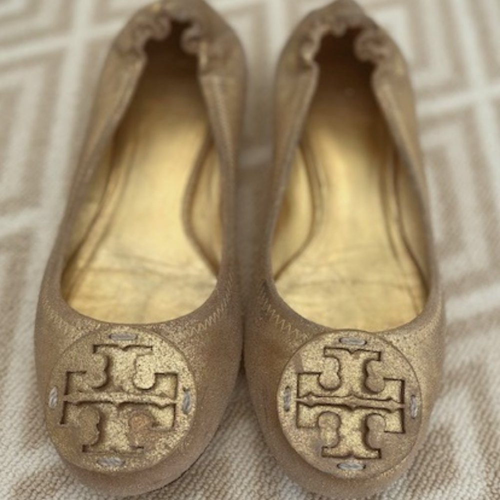 TORY BURCH Reva Powdered Suede Gold Flats 8.5